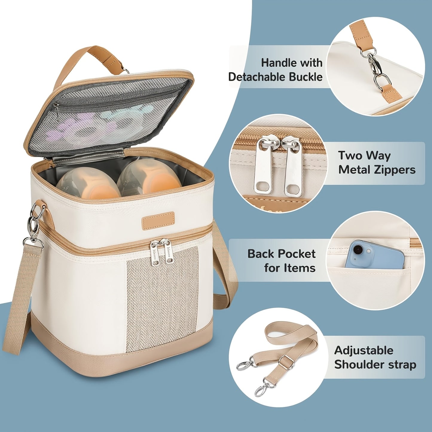 Insulated Bag for Breastmilk with Ice Pack, Designed to Hold 6 Baby Bottles Up to 9 Ounces, Perfect for Nursing Mothers And Daycare Use, in a Brown/ Beige Color