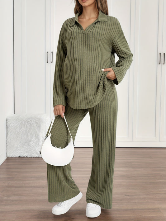 Maternity Loose-Fitting Shirt with Long Sleeves And Adjustable Waistline Straight Pants Set, Autumn