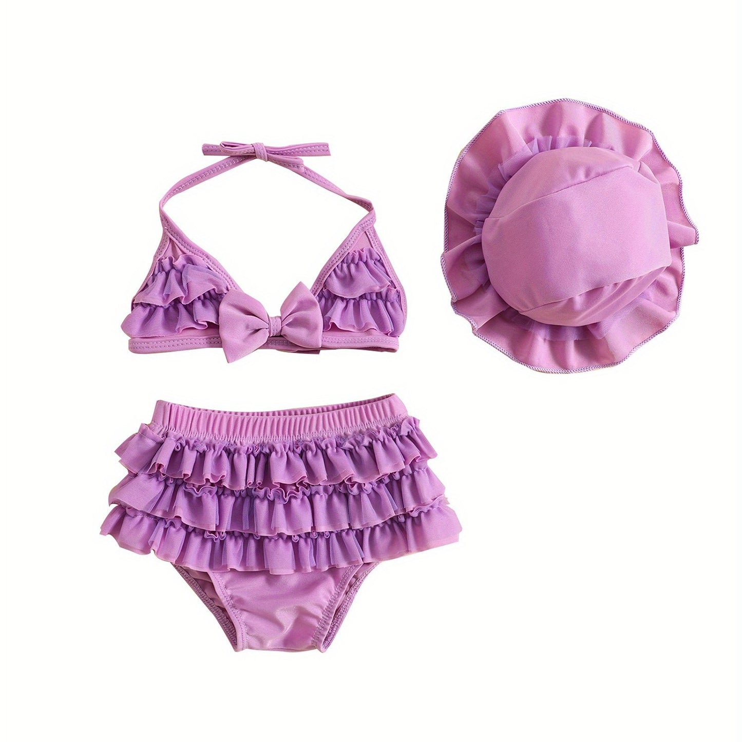(3-36M) Baby Girls Summer Swimwear Outfit Sets Hanging Neck Tops + Layered Ruffle Shorts + Hat 2pcs bathing suit