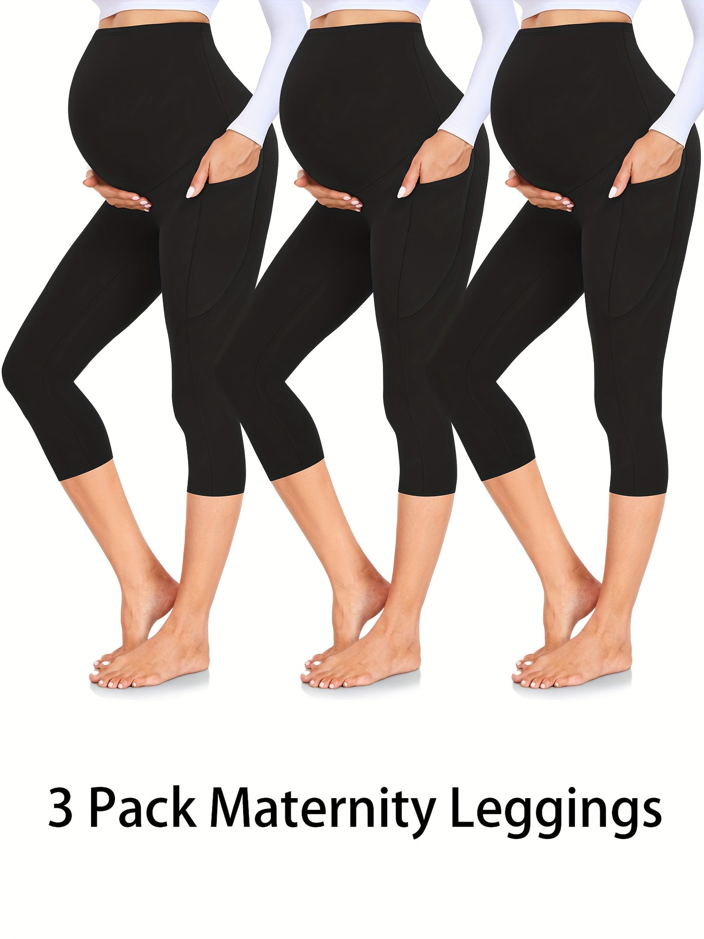 3 Pack Maternity Leggings with Pockets Over The Belly, Womens Workout Yoga Pregnancy Pants - Soft Workout Pregnancy Yoga Pants