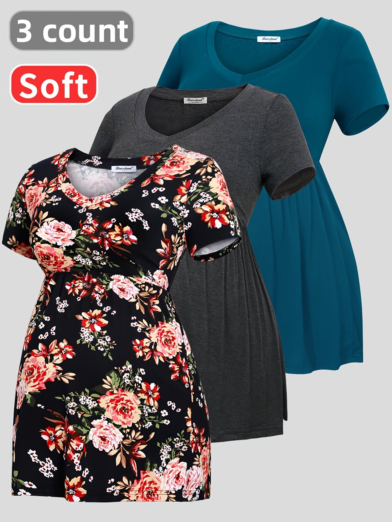 Maternity T-Shirts Soft and Comfortable Summer  3-Pack| Short Sleeve V-Neck, Pleated Hem, Medium Stretch Fabric for Pregnant Women