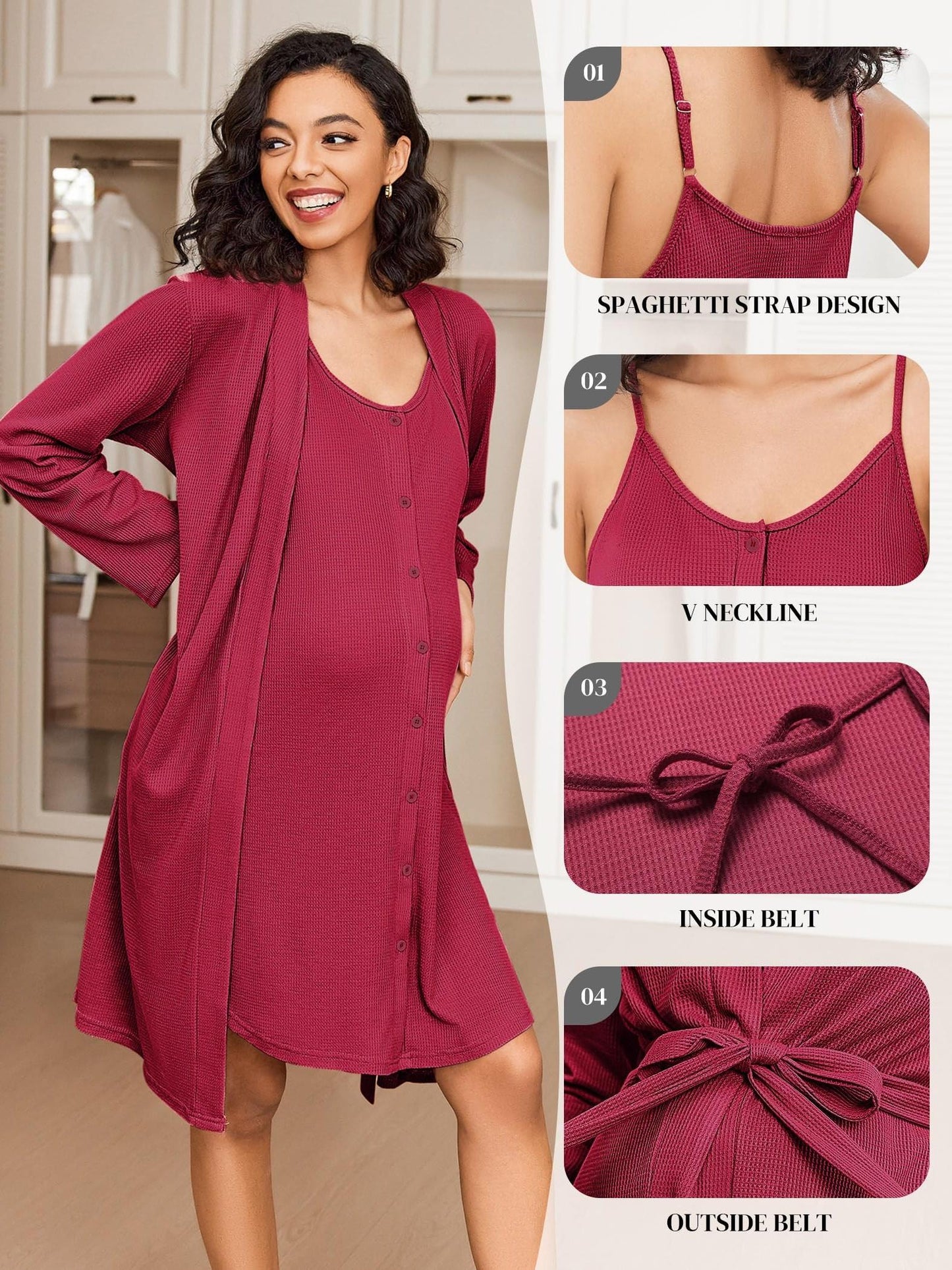 Nursing Maternity Nightgown and Robe, 2 pc, Suitable for Prenatal and Postpartum Loungewear