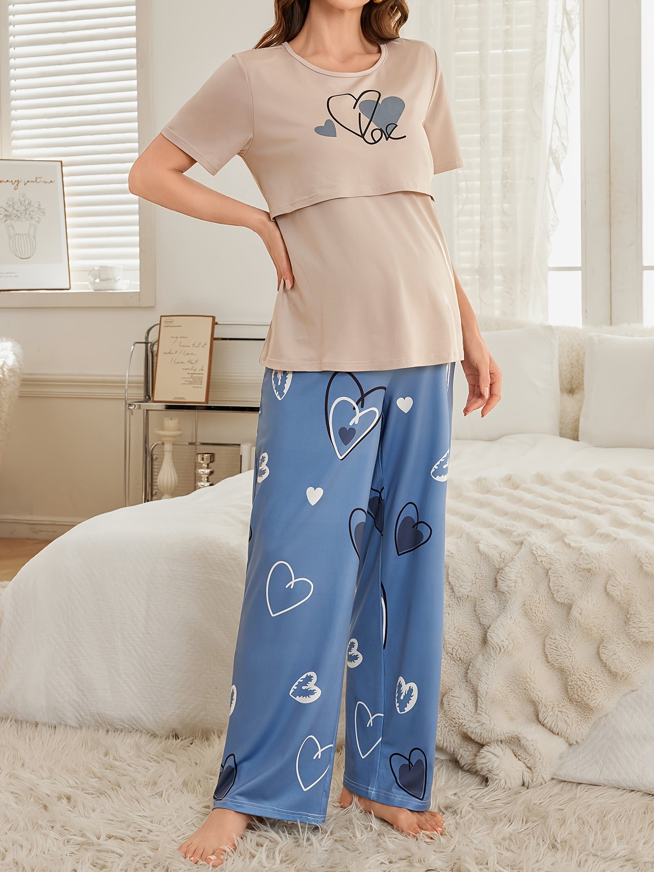 Nursing Maternity Color-Blocked Heart Print • Crossover Nursing Design • Short-Sleeve Long Pants PJ Set