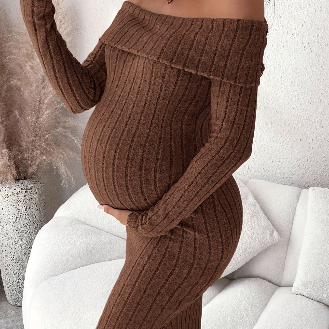 Maternity Pregnancy Dress - Elegant Long Sleeve A-Line Slim-Fit Ruffled Hem Split, Structured Belly, Machine Washable Solid Color Dress for Prenatal Photoshoots, & Casual Wear (Spring/Fall) - Pregnancy Clothes