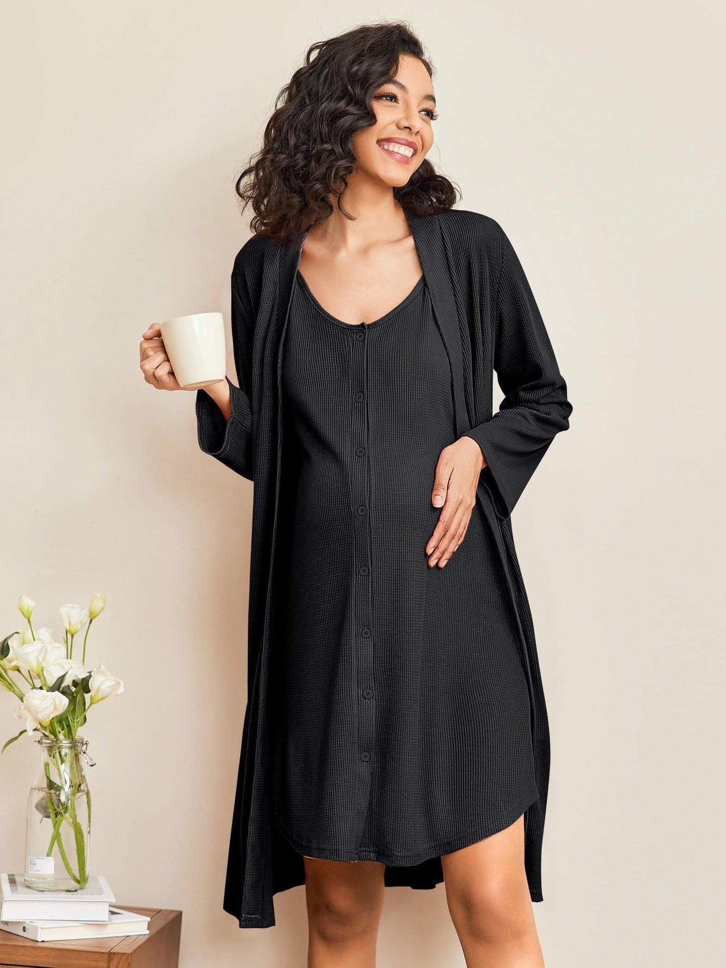 Nursing Maternity Nightgown and Robe, 2 pc, Suitable for Prenatal and Postpartum Loungewear