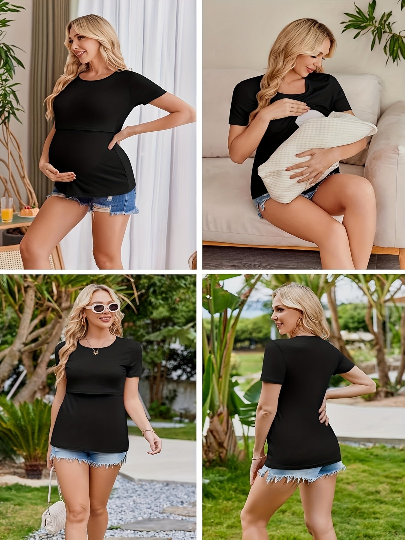 Nursing Maternity Double Layer Short Sleeve Breastfeeding Shirts, 3pcs