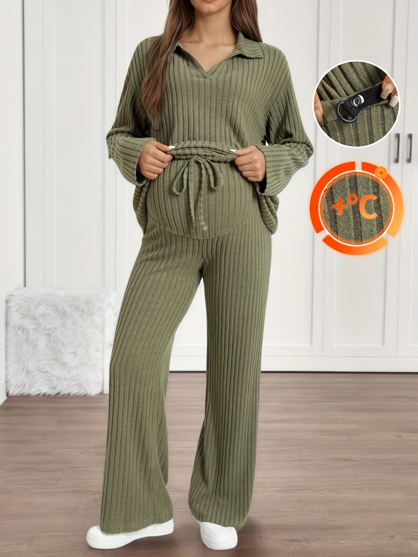 Maternity Loose-Fitting Shirt with Long Sleeves And Adjustable Waistline Straight Pants Set, Autumn