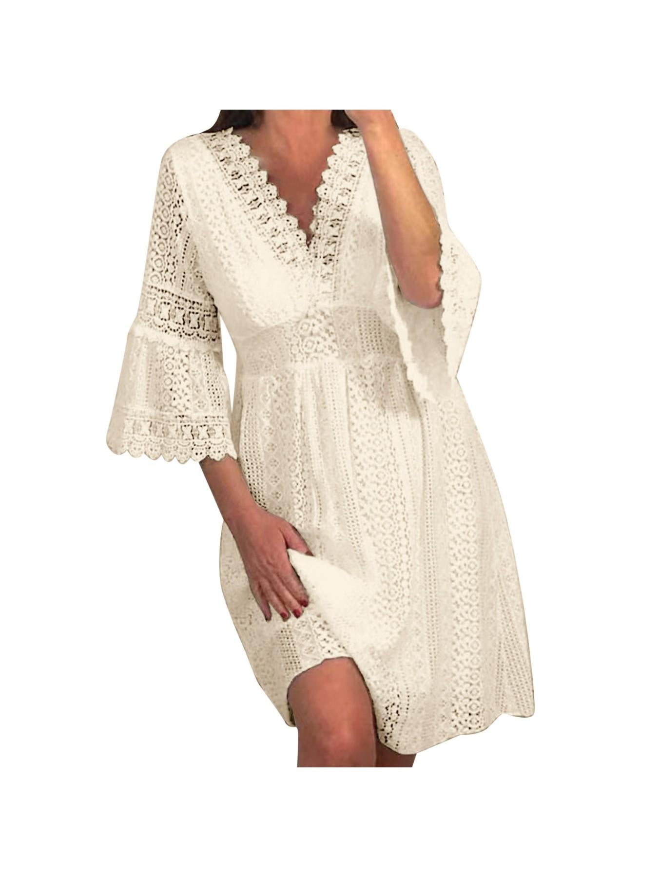 Solid Color 3/4 Sleeve Maternity Dress with V Neck And Hollow Lace Flare Sleeves for Expecting Mothers