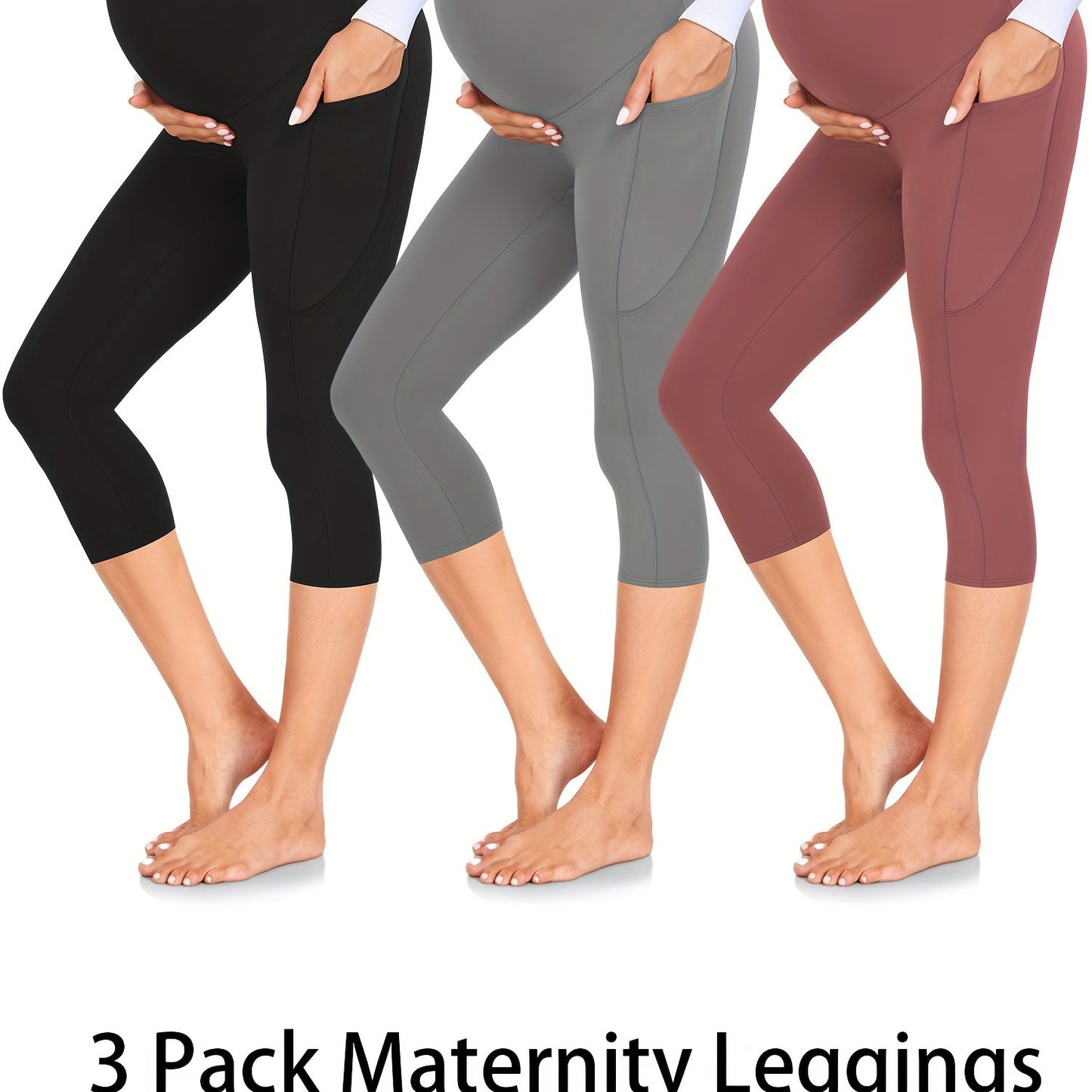 3 Pack Maternity Leggings with Pockets Over The Belly, Womens Workout Yoga Pregnancy Pants - Soft Workout Pregnancy Yoga Pants