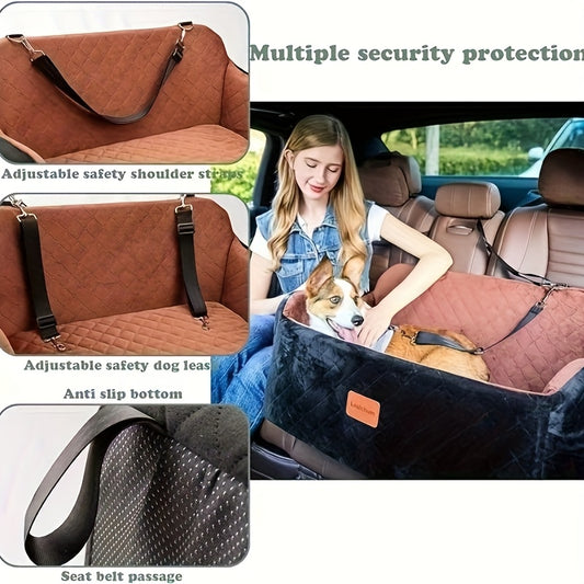 Memory Foam Dog Seat | Comfortable Car Dog Seat for Two Small Dogs or Large Dog up to 55lbs with Side Pockets and 3 Clip-on Safety Leashes, Plush Material, 30in x 19in