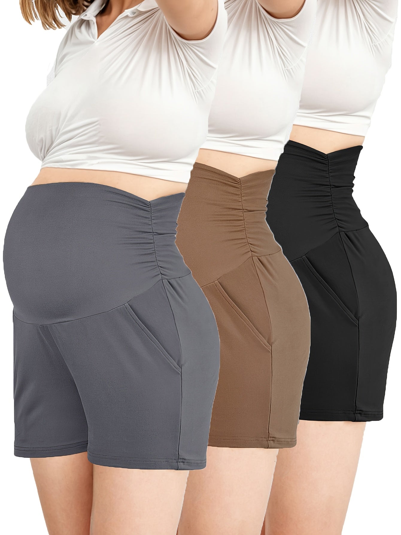 Maternity Shorts, soft and comfortable Lounging Sports Jogging Pants with Pockets, High Elastic Fashionable Wear 3pcs Set