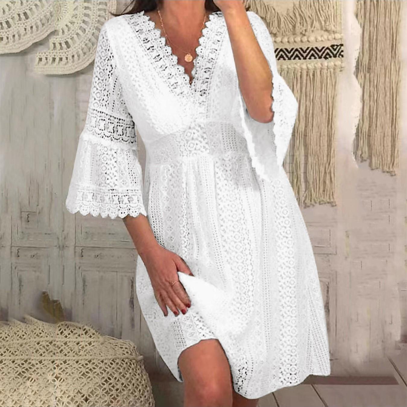 Solid Color 3/4 Sleeve Maternity Dress with V Neck And Hollow Lace Flare Sleeves for Expecting Mothers