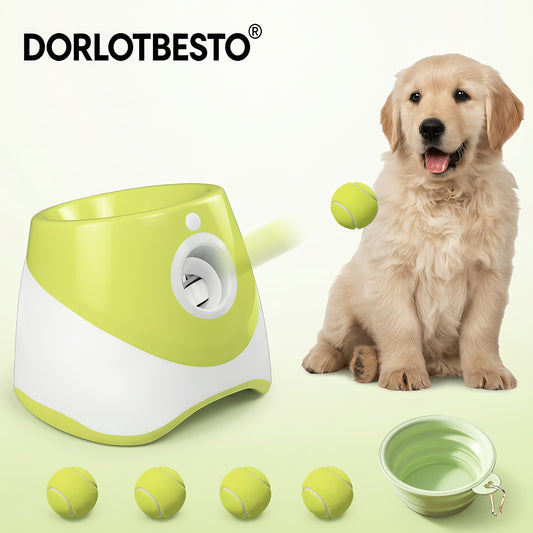 Automatic Dog Ball Launcher with 4 Anti-Chew Tennis Balls + Foldable Water Bowl, Low Voltage Safe Operation, 3 Speed Adjustable, 10-30ft Throwing Distance, Hands-Free, Indoor & Outdoor Use for Puppies And Adult Dogs, Interact