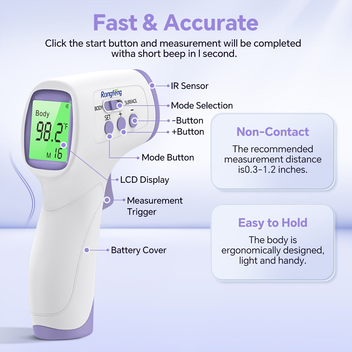 3-in-1 Contactless Forehead Thermometer for All Ages & with LCD Display, Fever Alarm, Silent & Memory Modes - Non-Contact Infrared Thermometer Suitable for Health Monitoring, Travel, Childcare - Ideal Gift!