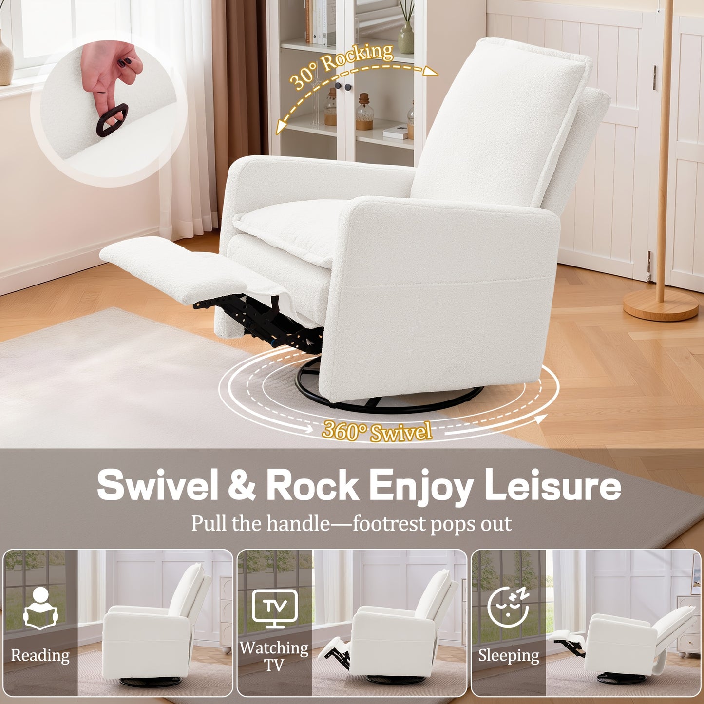 Single Rocking Chair | Teddy Fleece Material, Comfortable Multi-layer Cushion, Manually Adjustable Backrest, Side Pockets, Easy to Assemble