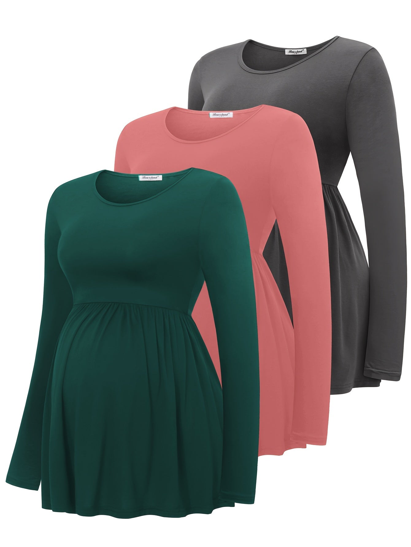Maternity Long-Sleeve T-Shirts, Round Neck, Loose-Fitting, Comfortable Pregnancy Base Layer - Three-Pack Autumn/Winter