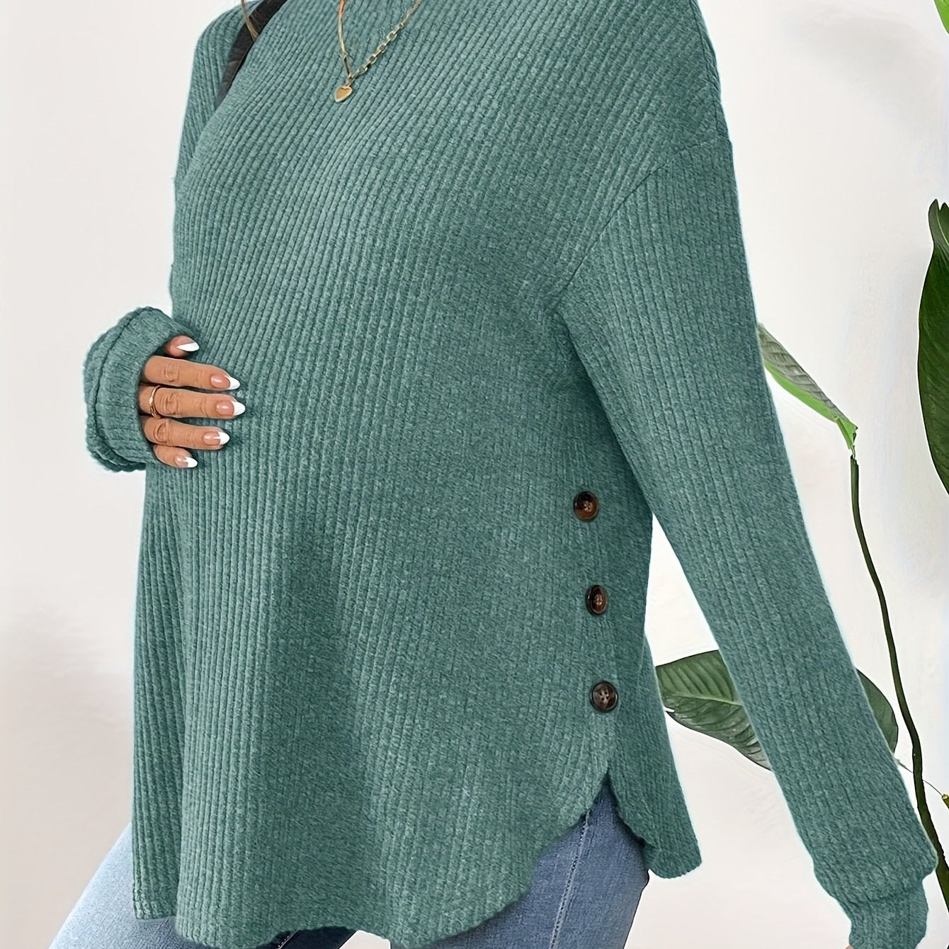 Maternity Long Sleeve Lined Knit Pullover Top With Adjustable Buttons, Round Neck, Perfect For Daily Wear AutumnWinter