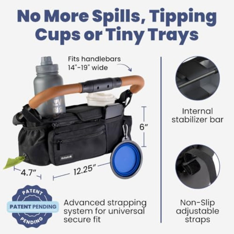 2-in-1 Dog Stroller Caddy Hydration System: Insulated Water Bottle & Bowl with Stroller Organizer - Leakproof Stainless Bottle, Poop Dispenser, Treat Pocket & Cup Holders - Compatible for dog strollers (Walks, Hikes, Park)