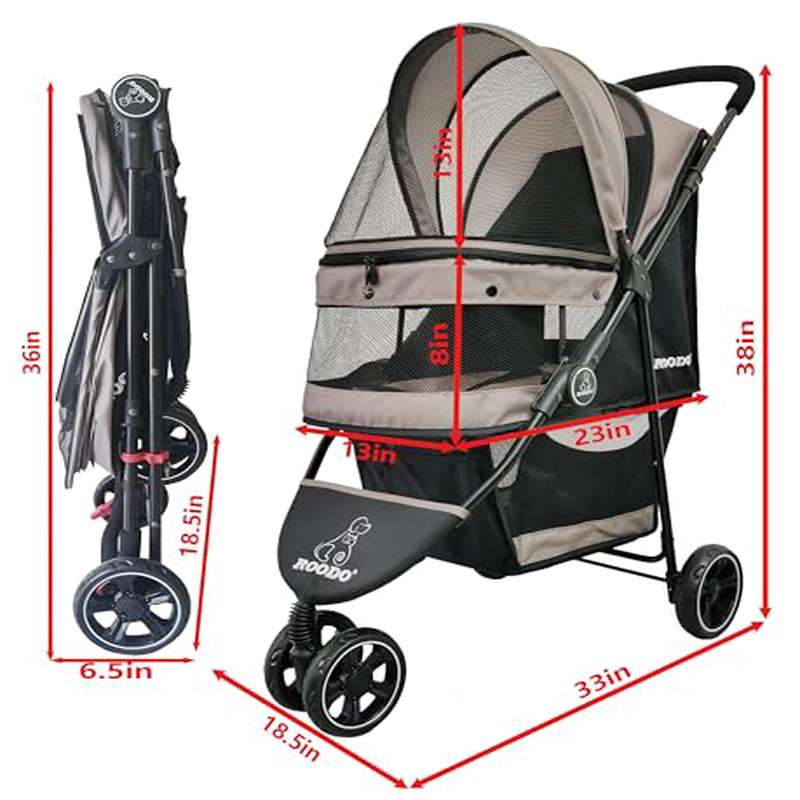 ROODO Escort 3 Wheel Pet Stroller for Small Medium Dogs Cats | Best Lightweight Foldable - All Terrain Travel Gear System, Grey, Made of Linen and Alloy Steel