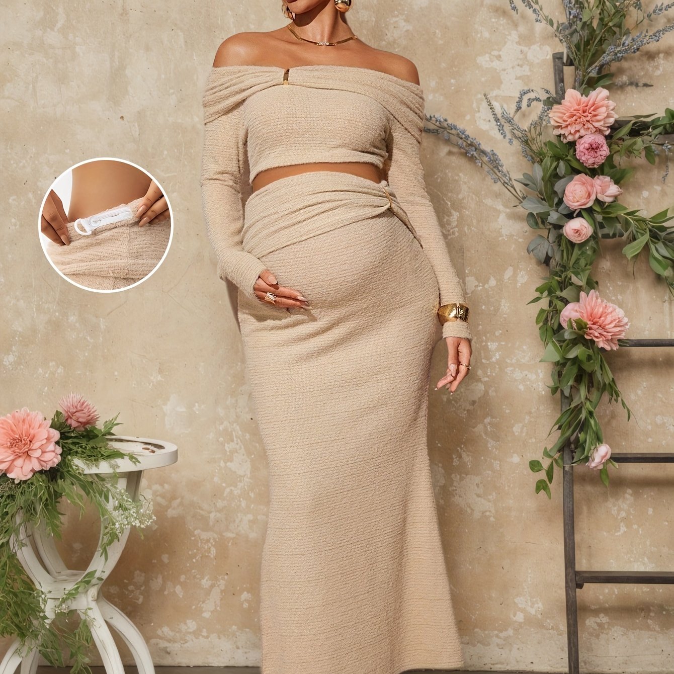 Expectant Mothers Stylish Two-Piece Set Featuring a Solid Color One-Shoulder Short Top And Skirt, Perfect for Spring And Autumn Parties
