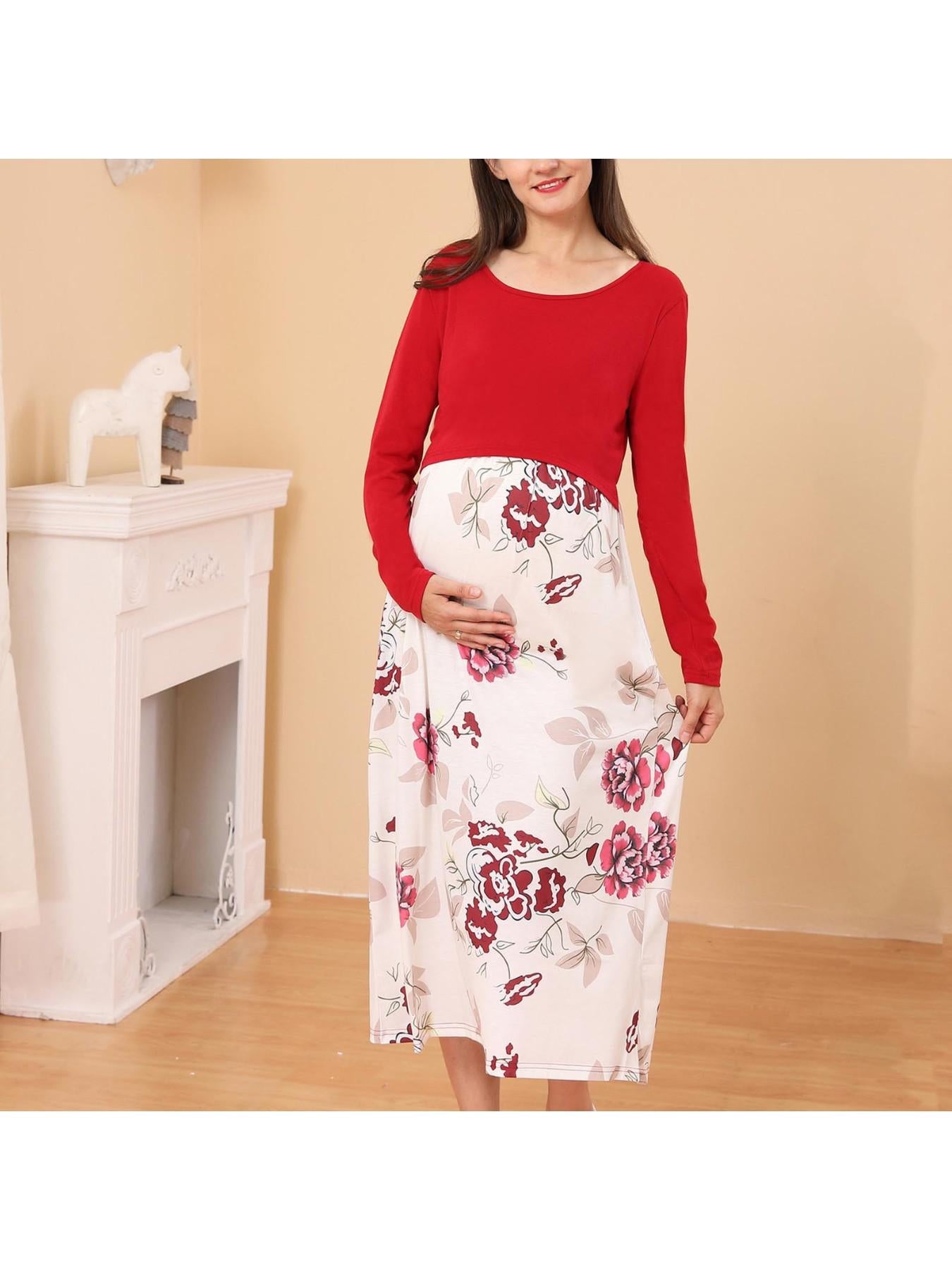 Nursing Pregnancy Dress - Dressy Long Sleeve Stretchable Maternity Smock Pencil Dress with Color-Blocking & Loose Fit