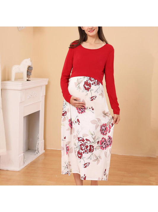 Nursing Pregnancy Dress - Dressy Long Sleeve Stretchable Maternity Smock Pencil Dress with Color-Blocking & Loose Fit