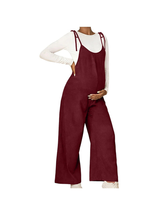 Maternity -  Strappy High Waist Wide Leg Jumpsuit Loose Fit Comfortable Belly Support Versatile Pregnancy Pants