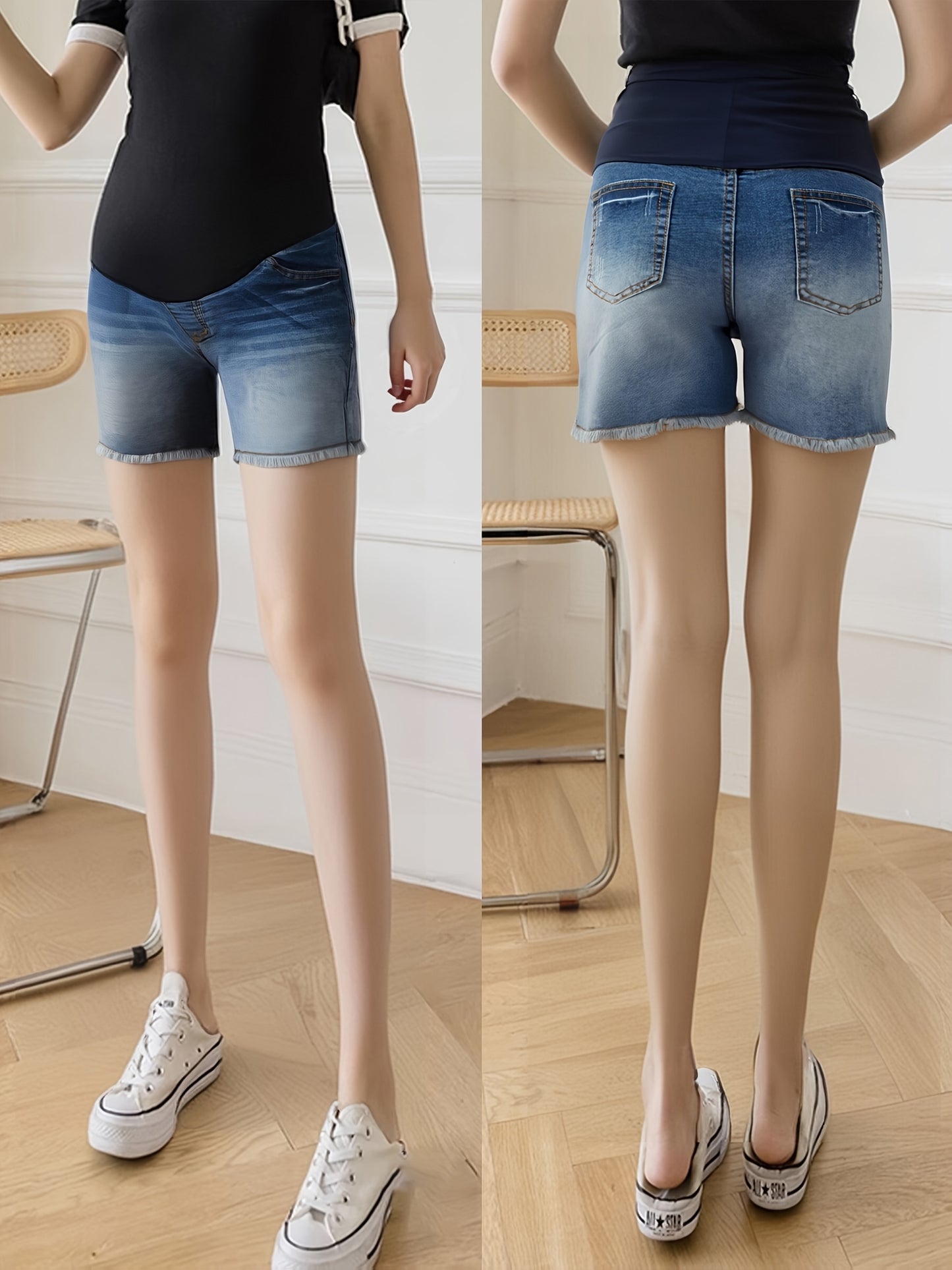 Maternity High Elasticity Abdominal Support Fashion Frayed Hem Five-Point Shorts, Solid Color, Nylon, Regular Fit, for Spring/Summer/Fall, 2025 New Collectio