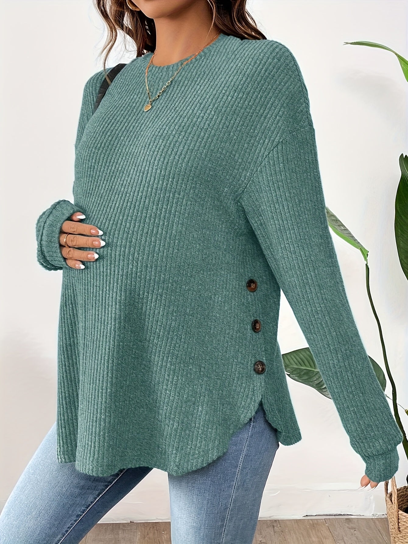 Maternity Long Sleeve Lined Knit Pullover Top With Adjustable Buttons, Round Neck, Perfect For Daily Wear AutumnWinter