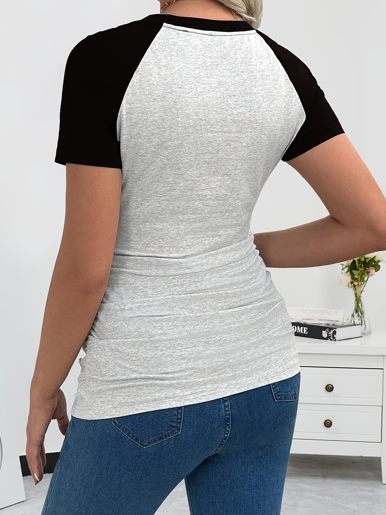 Maternity T-Shirt with Color Block Short Sleeves