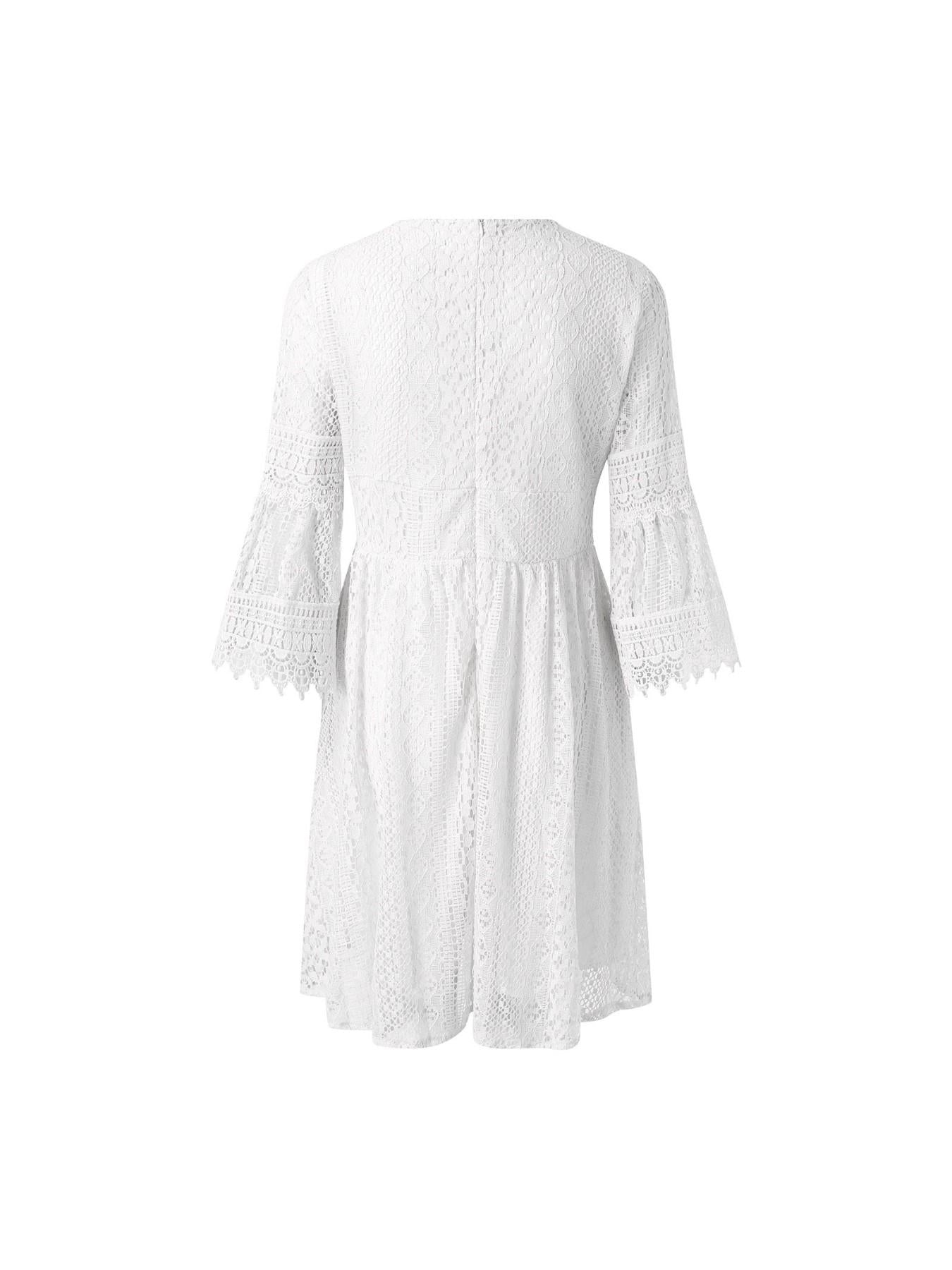 Solid Color 3/4 Sleeve Maternity Dress with V Neck And Hollow Lace Flare Sleeves for Expecting Mothers