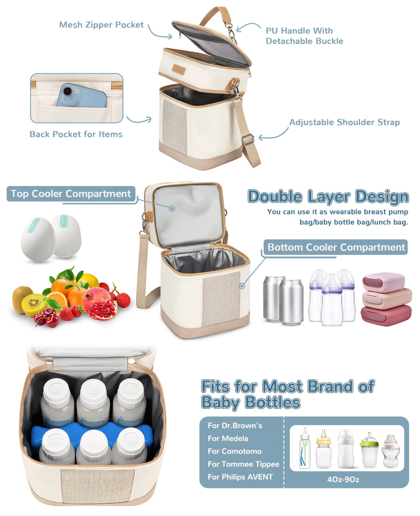 Insulated Bag for Breastmilk with Ice Pack, Designed to Hold 6 Baby Bottles Up to 9 Ounces, Perfect for Nursing Mothers And Daycare Use, in a Brown/ Beige Color