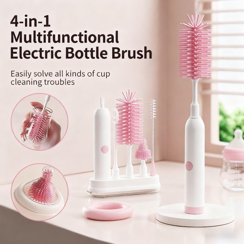 Electric Rechargeable Baby Bottle Cleaner System - Automatic Brush & Drying Rack, Space-Saving Multi-Component Kit for Bottles, Nipples, Straws - Plastic Travel Bottle Brush Care Kit