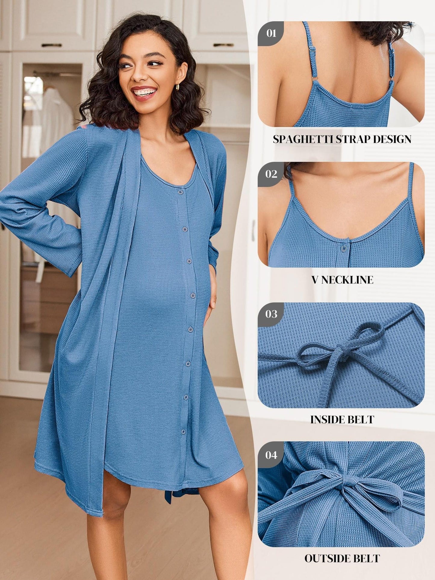 Nursing Maternity Nightgown and Robe, 2 pc, Suitable for Prenatal and Postpartum Loungewear