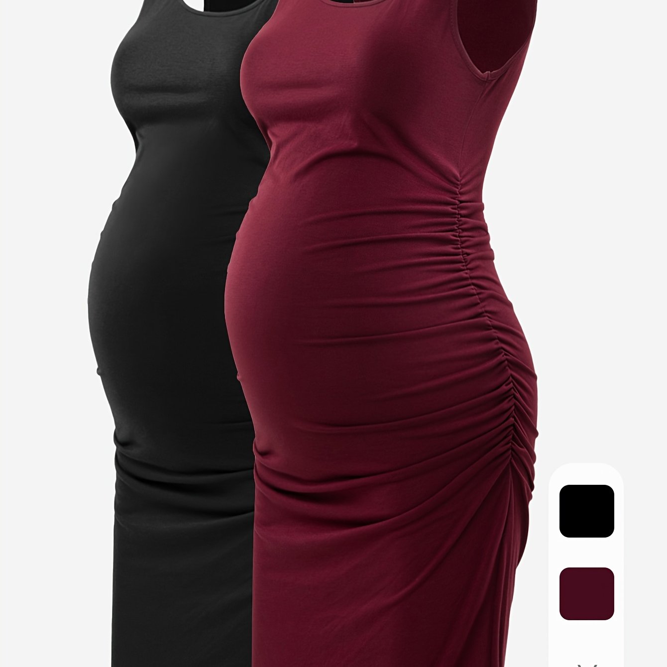 Maternity Tank Dresses - Women's Comfortable Crew-Neck Sleeveless Ruched Summer Dresses for Pregnant Women, All Seasons, Pregnancy Announcement Dresses - 2PCS