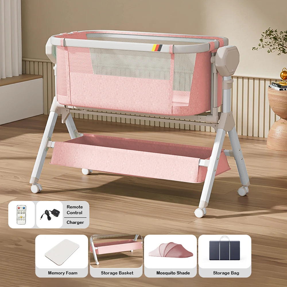 Electric Rocking Bassinet, Bedside Co-Sleeper Automatic, Unisex Portable Travel Cribs with Wheels, Remote Suit 0-6M