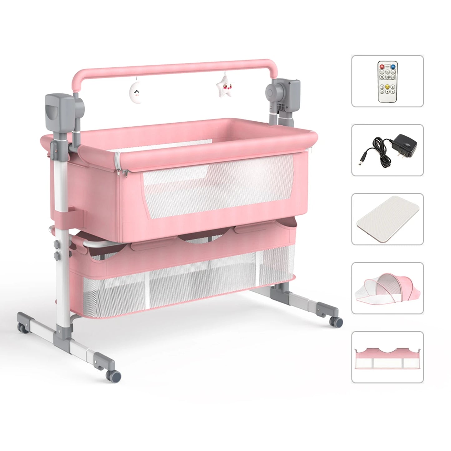 Bassinet for Baby,Automatic Rocking Bassinet with Remote, Wheels, Newborn Bedside Sleeper, Co-sleeper suit 0-6M, Travel Baby Cribs