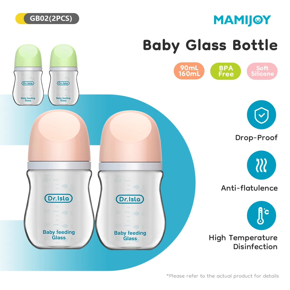 Newborn Baby Glass Bottles Anti-flatulence Milk Feeding Bottles Infant 0-3 Month BPA Free - 2PCS, 90ML/160ML