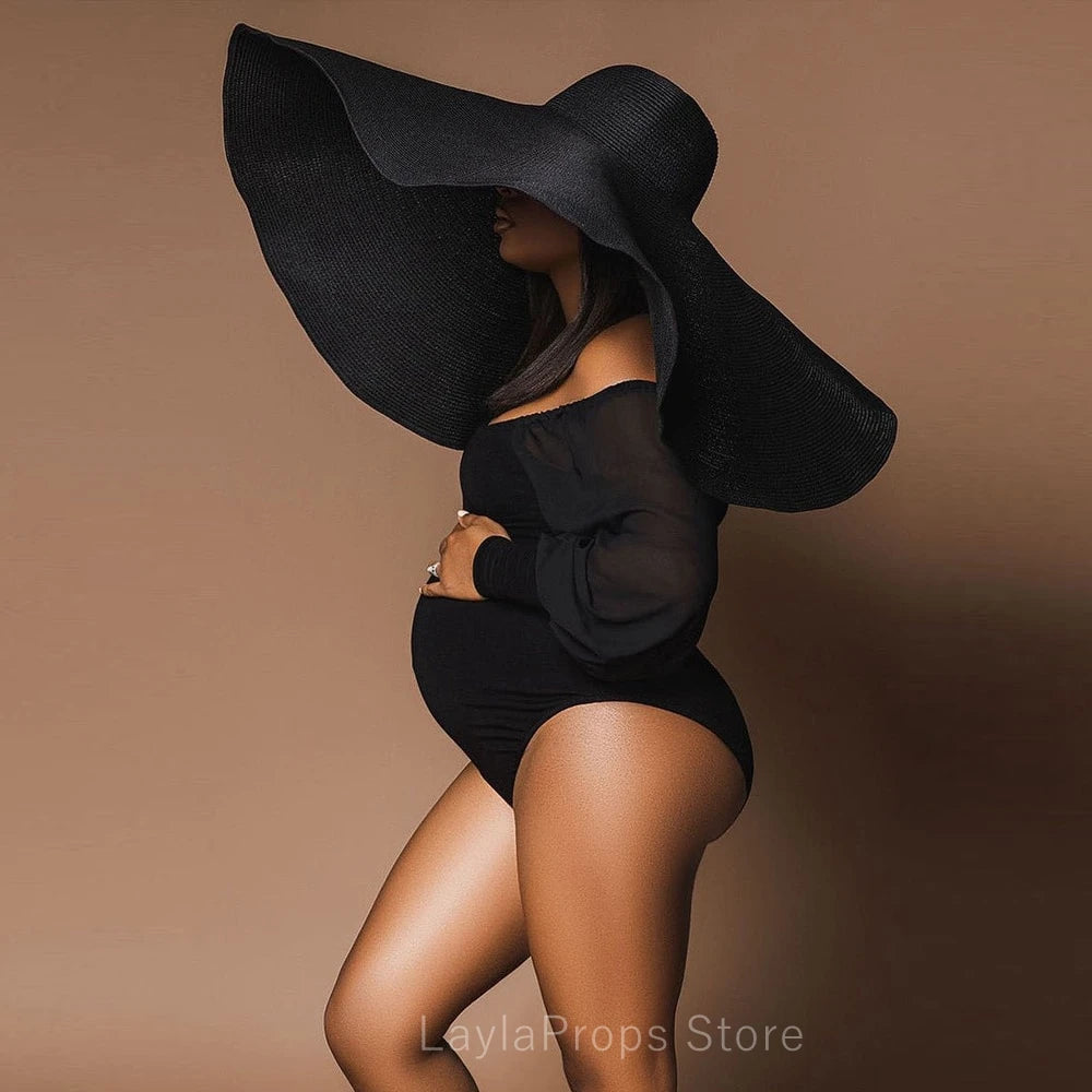 Maternity Photoshoot Black Gorgeous Bodysuit Off Shoulder Neckline Chiffon Sleeves