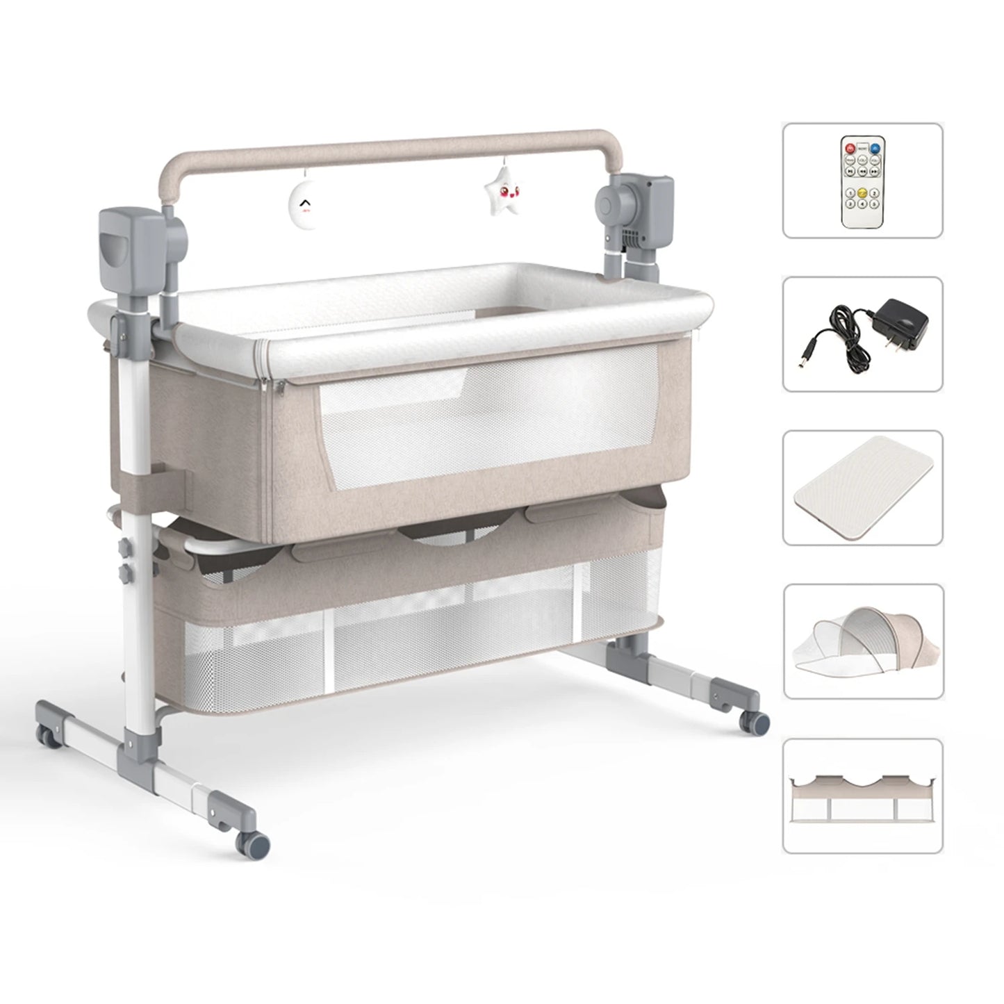 Bassinet for Baby,Automatic Rocking Bassinet with Remote, Wheels, Newborn Bedside Sleeper, Co-sleeper suit 0-6M, Travel Baby Cribs