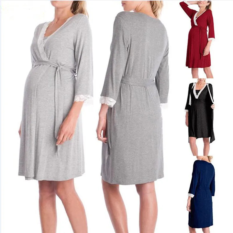 Maternity Nursing Nightgown & Matching Robe With Lace Trim and Adjustable Belt, Sold  Separately