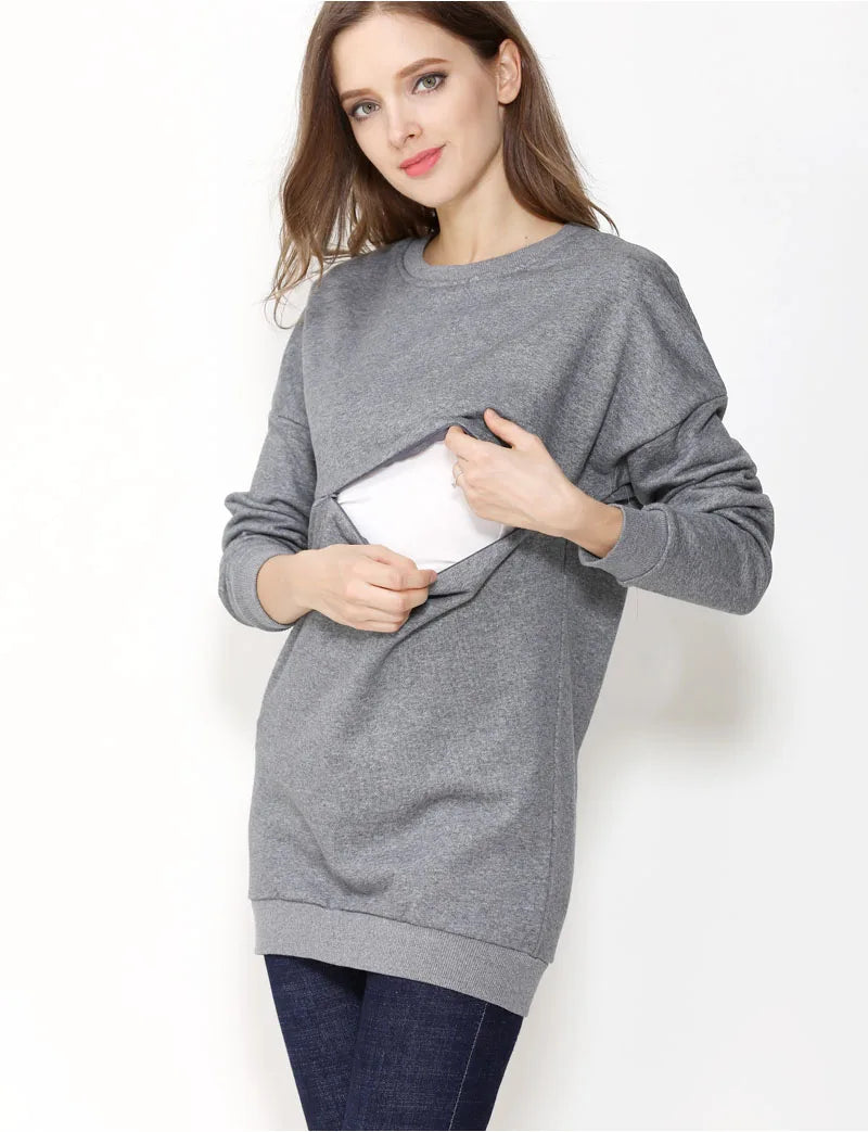 Maternity Nursing Sweatshirt Long Sleeve Thick Cotton Breastfeeding Clothes Mommy Pregnant Lactation Wear Big Size
