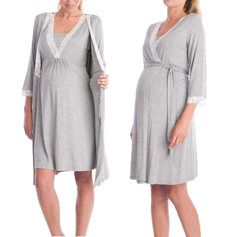 Maternity Nursing Nightgown & Matching Robe With Lace Trim and Adjustable Belt, Sold  Separately