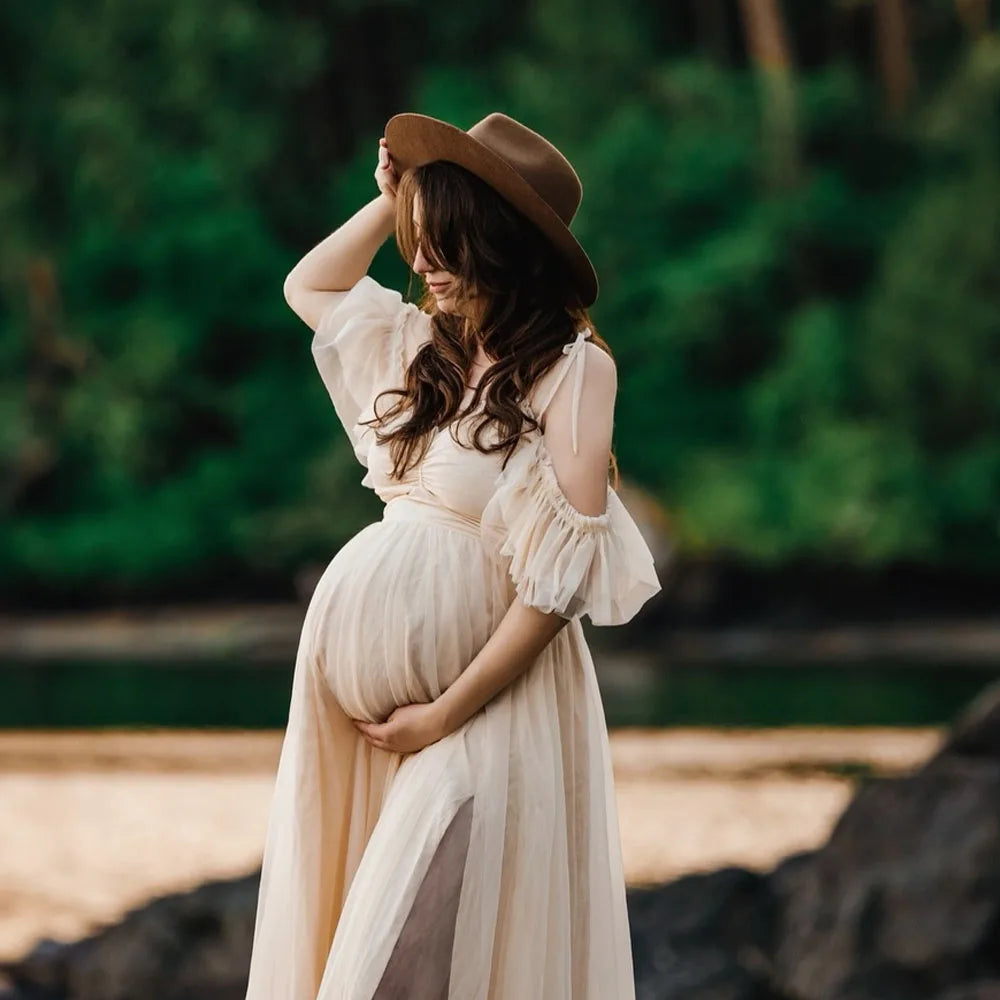 MaternityPhoto Shoot Dress Elegant Chiffon Two-Piece Dress With Adjustable Back Straps Short Top And Mesh Lace Skirt