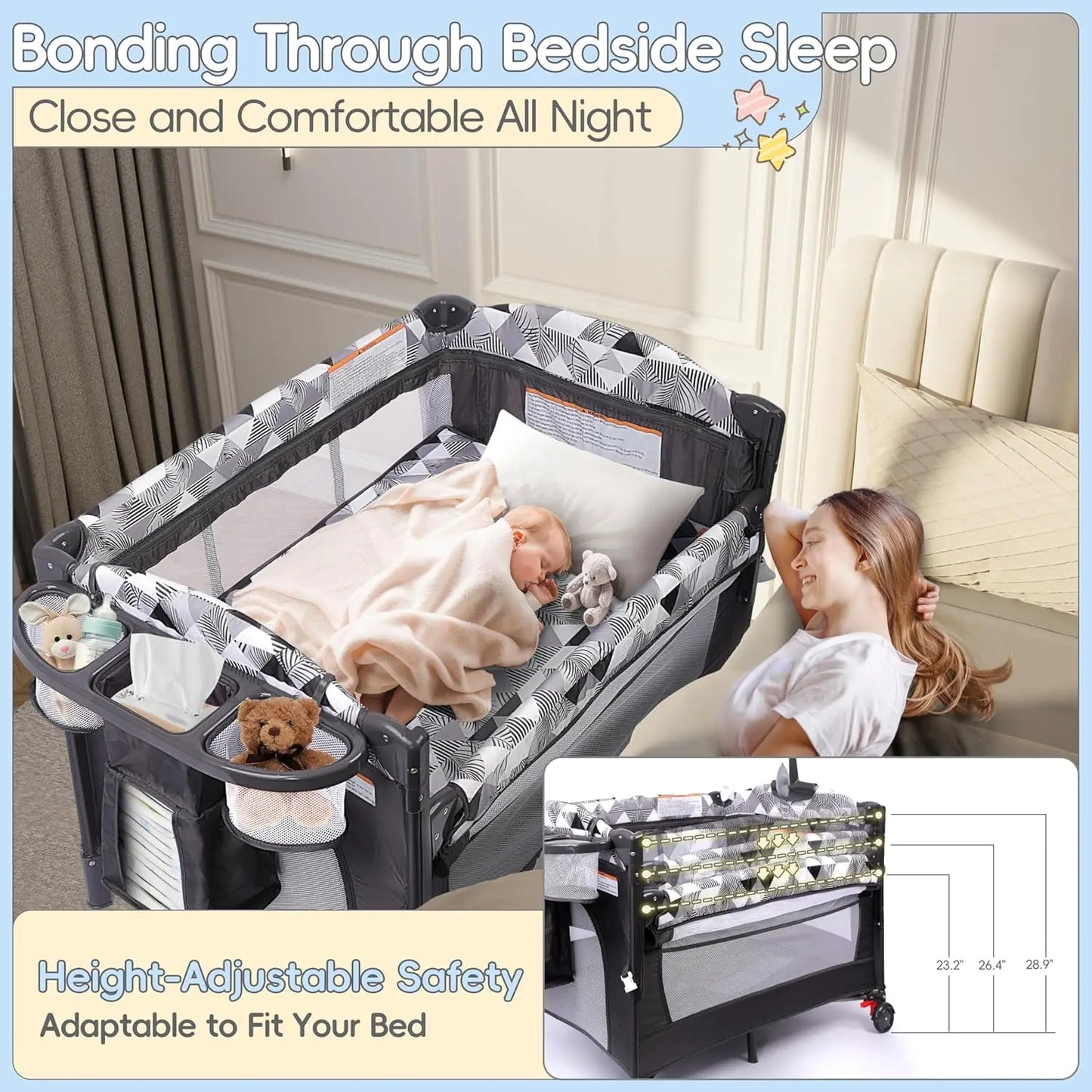 5-in-1 Portable Baby Crib with Changing Table, Bassinet, Storage Bag & Music Box for Newborn to Toddlers