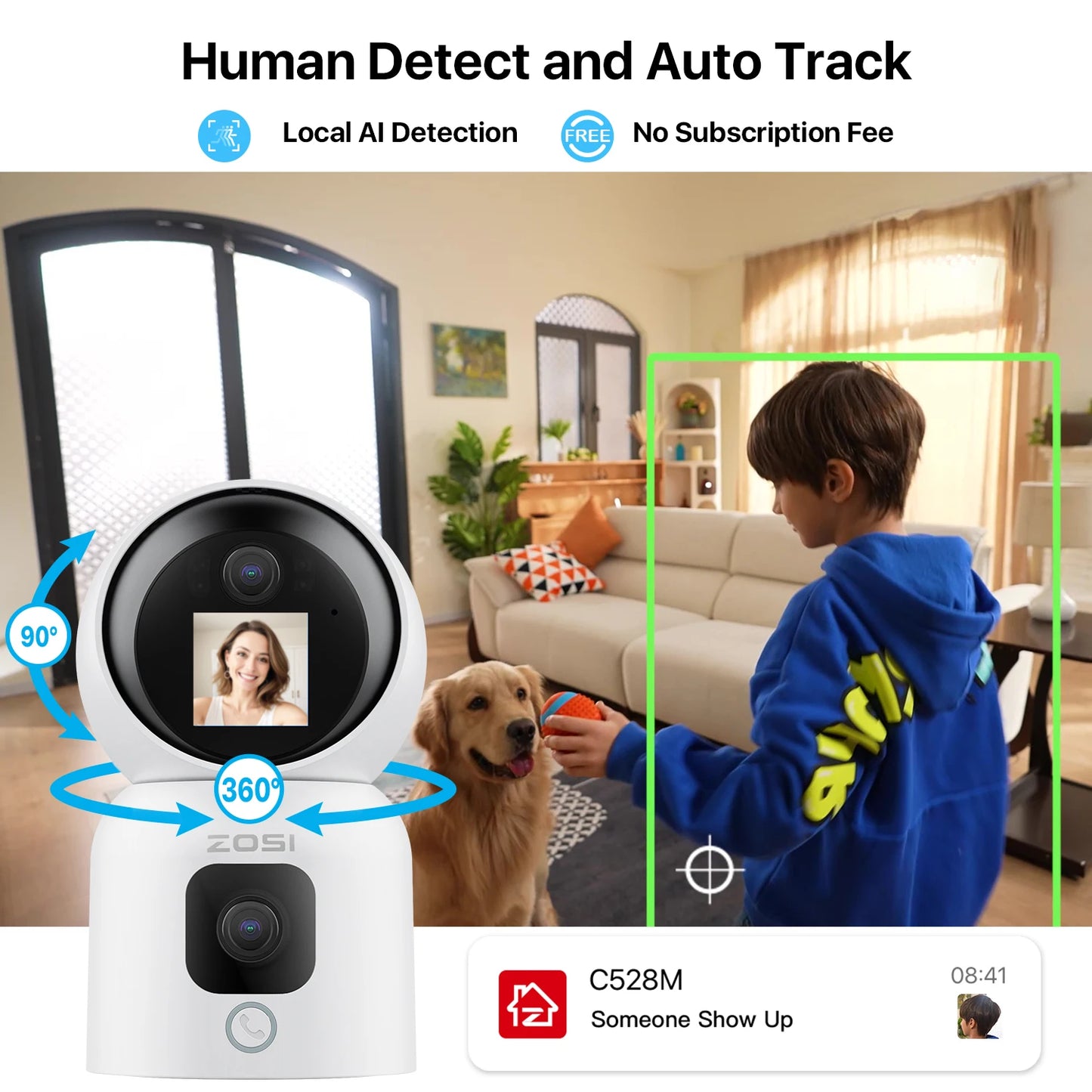 ZOSI Smart Baby Cams WiFi PTZ Auto Tracking AI 360° Panoramic Indoor Video Surveillance