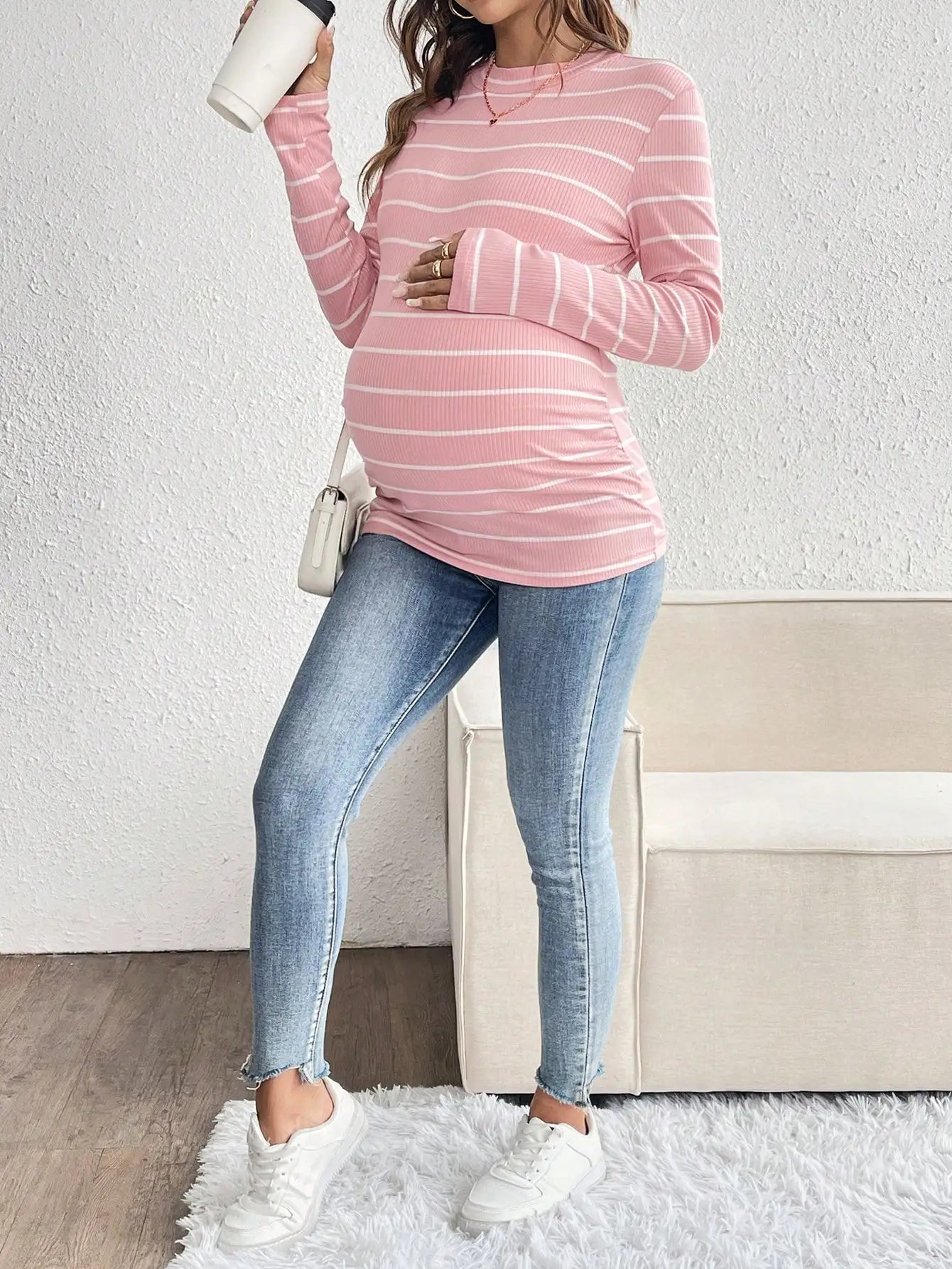 Maternity loose casual pink striped knitted cotton fabric round neck long sleeve pregnant woman T-shirt