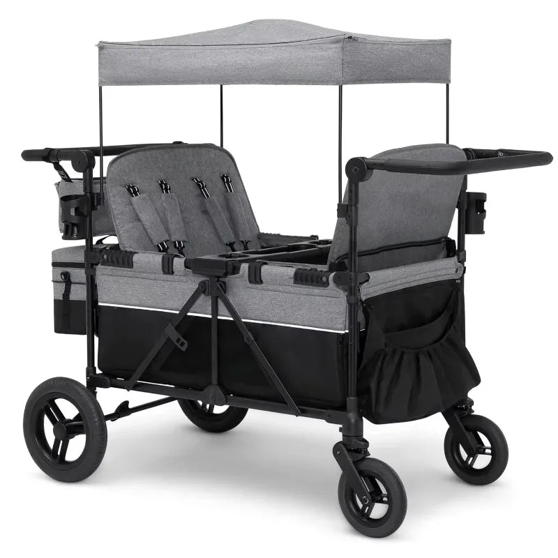 NEW Premium Quad Stroller Wagon for 4 Kids with Removable Canopy & Flat Fold,Adjustable Push/Pull Handles, Convertible Seats-Grey