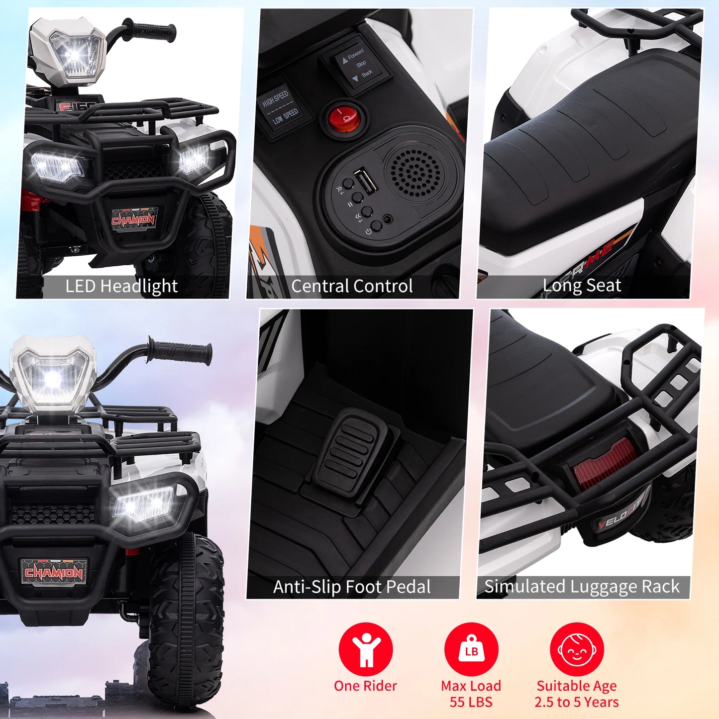 Kids, Age 2.5 - 5 years old, Ride On ATV 12V Battery-Operated Electric Vehicle Car, High/Low 2.2mph Safety Speed, One Button Start, LED Light for Toddlers