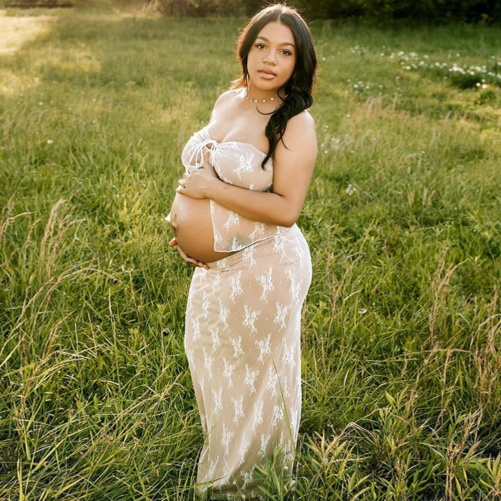Maternity Photograph Splicy Lace Tub Top Sexy Long  Skirt Women Slim See-through Strapless Two-Piece Outfit